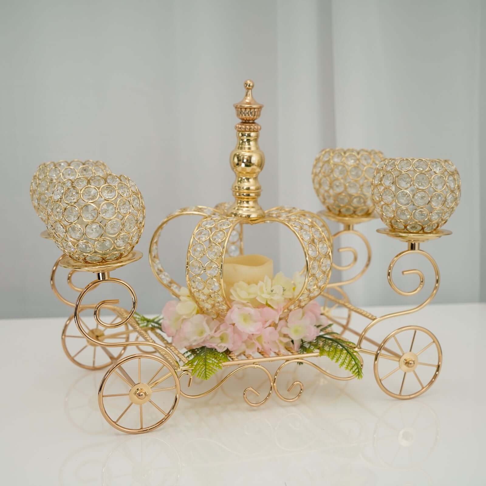 Gold Metal 4-Arm Crystal Cinderella Carriage Candle Holder Centerpiece 18