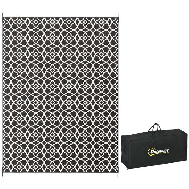 Outsunny Rv Mat Outdoor Patio Rug Large Camping Carpet With Carrying Bag 9 x27 X 12 x27 Waterproof Plastic Straw Reversible Black amp White Clover