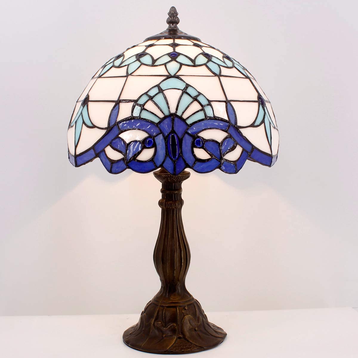 SHADY Tiffany Table Lamp Navy Blue Baroque Stained Glass Style Desk Bedside Reading Light 12X12X18 Inches Decor Bedroom Living Room Home Office S003B Series