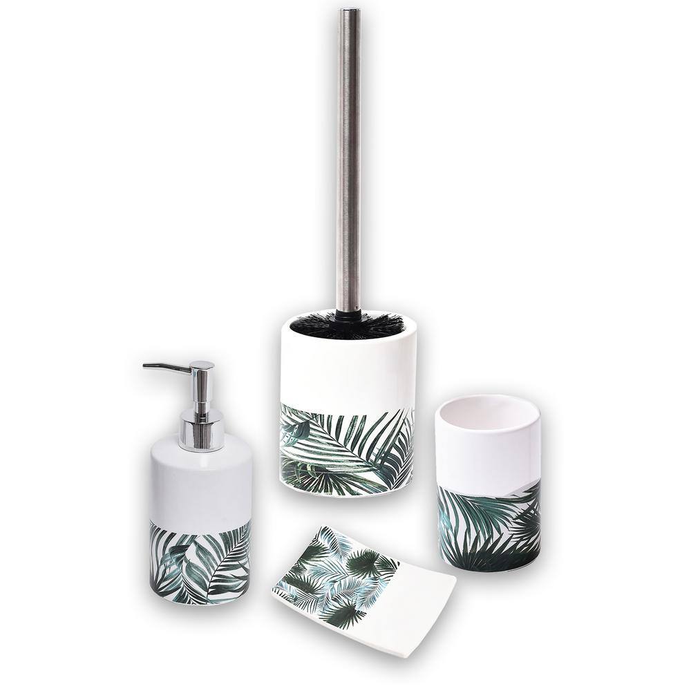 4-Pieces Bath Accessory Set with Soap Pump Tumbler Soap Dish and Toilet Brush Holder in White Dolomite Tropical SET4TROPICAL