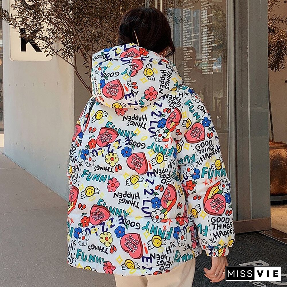 Winter Oversize Cartoon Print Padded Coats Women Korean Fashion Short Hooded Parka Female Casual Warm Down Jacket Harajuku