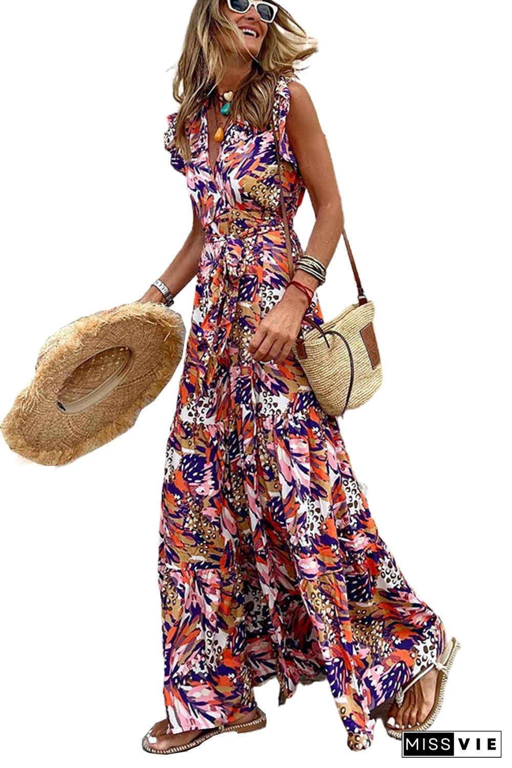 Multicolor Sleeveless Ruffled Lace-up High Waist Floral Maxi Dress