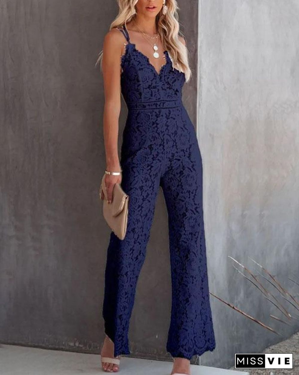 Slip Deep V Neck Lace Jumpsuit