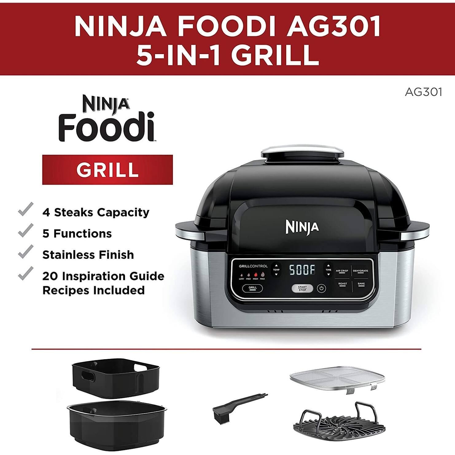 Ninja Foodi 4-in-1 Indoor Grill with 4-qt Air Fryer, Roast, Bake, and Cyclonic Grilling Technology, Black/Stainless AG300