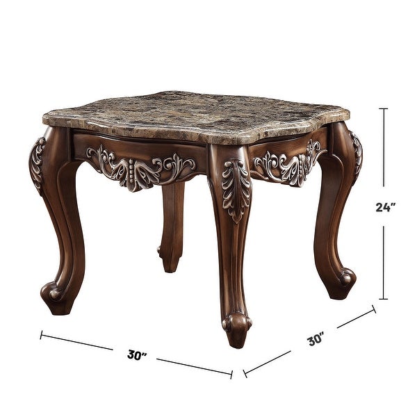 Square Marble Top End Table in Antique Oak Finish