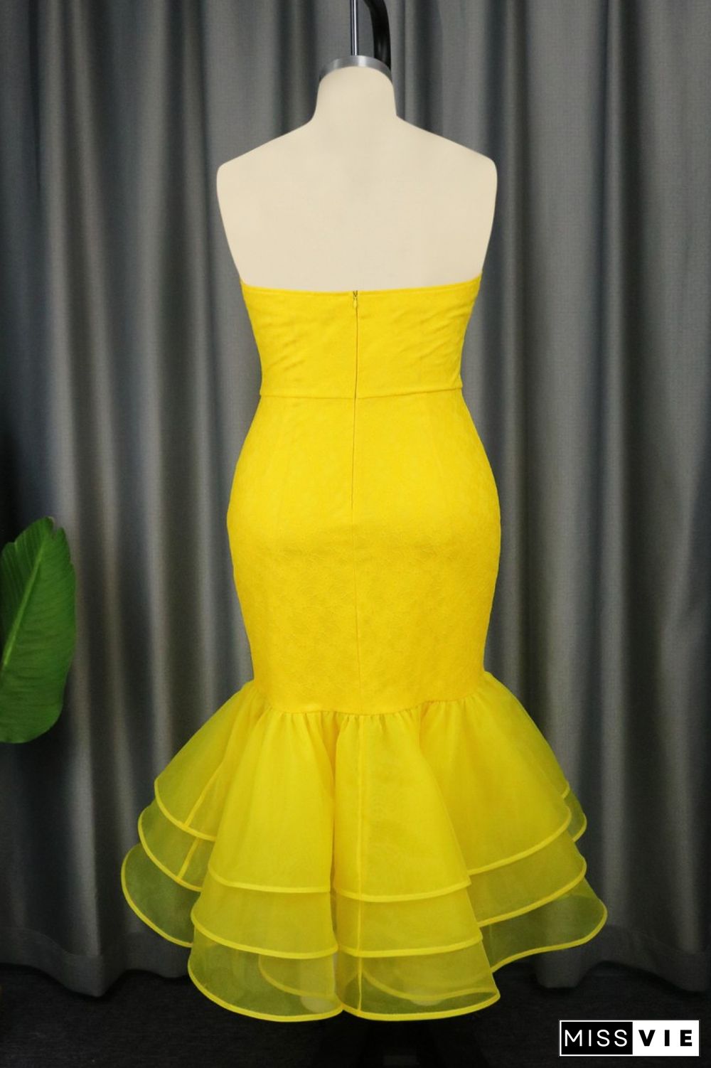 Yellow Sexy Formal Solid Patchwork Backless Strapless Evening Dress Dresses