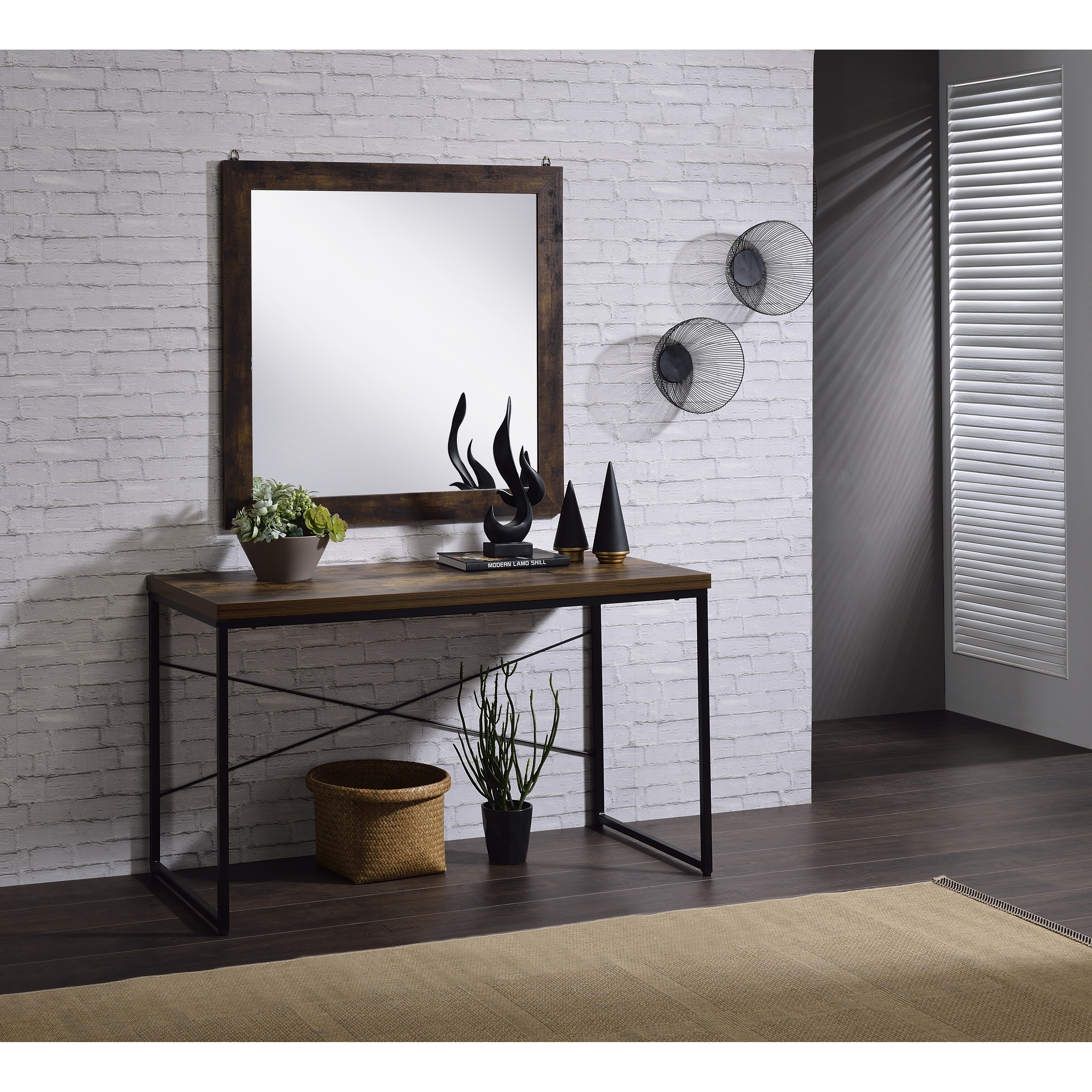 Bob Console Table in Weathered Oak and Black Finish with Back X Support and weathered oak tabel top for Living Room