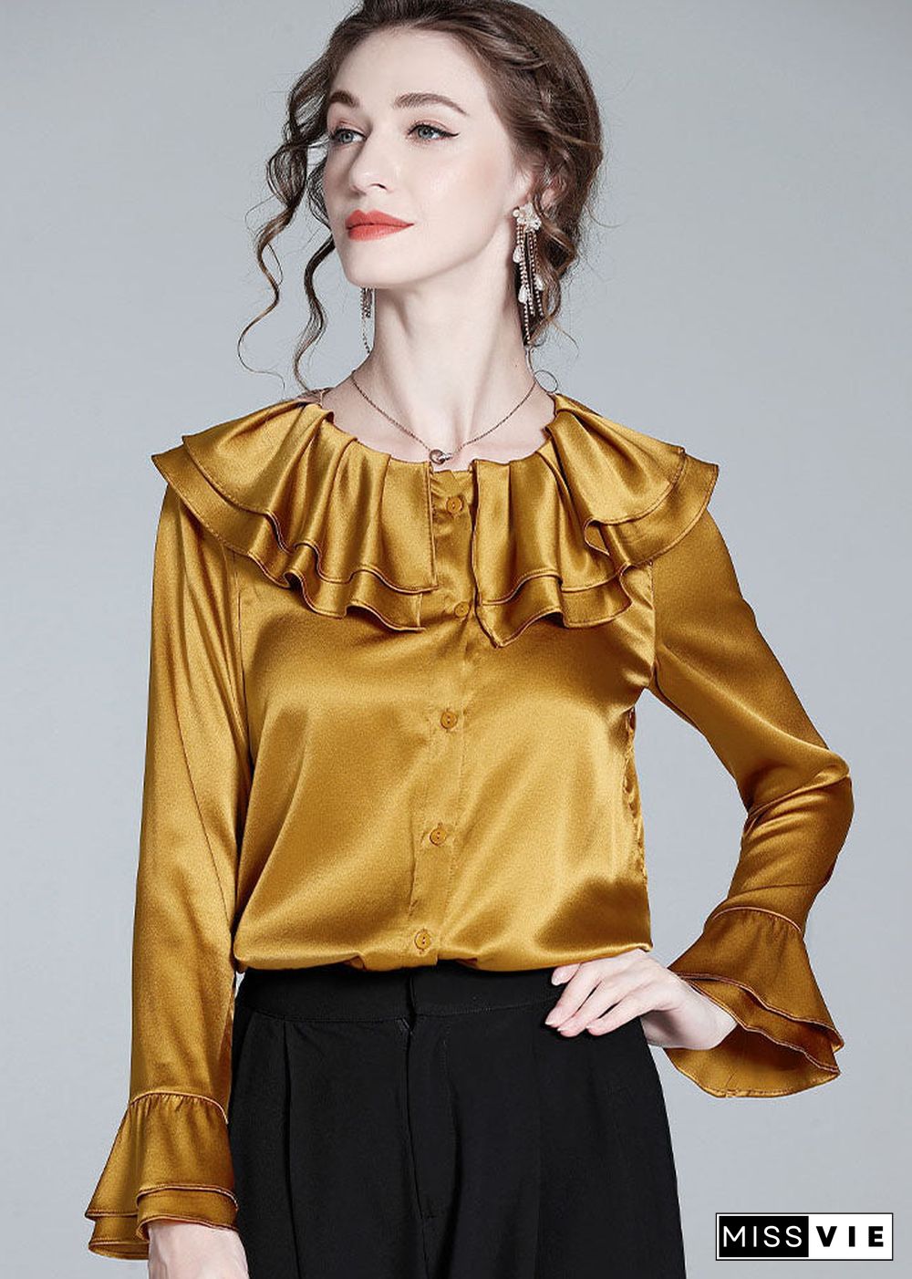 Style Gold Ruffled Patchwork Button Silk Shirt Flare Sleeve