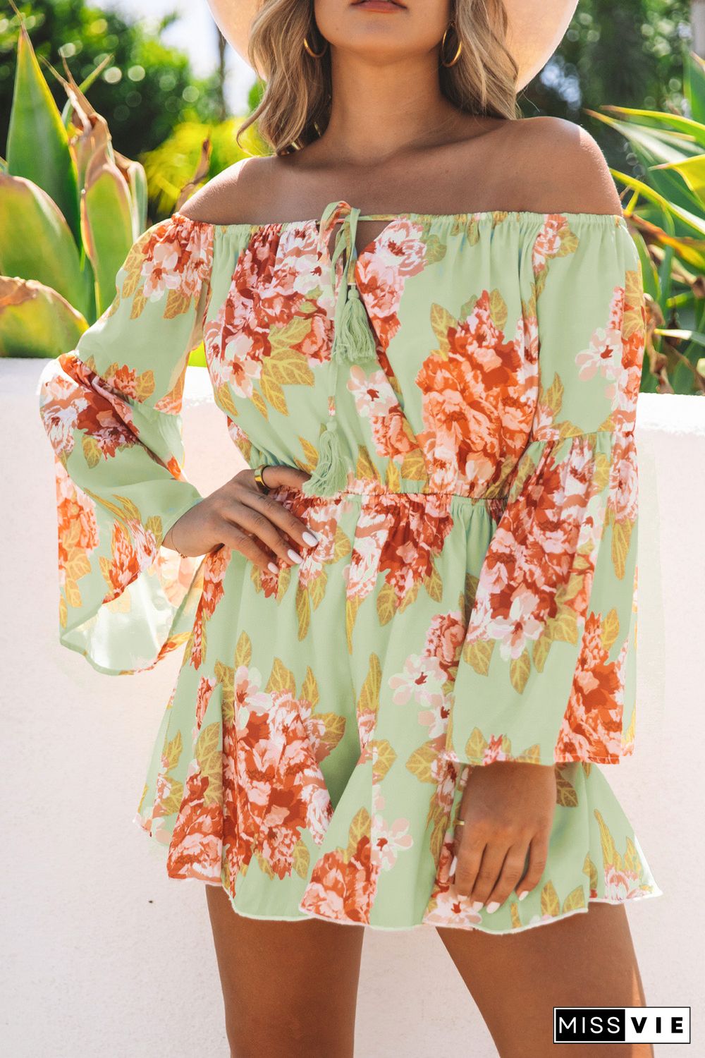 Floral Off the Shoulder Bell Sleeve Romper