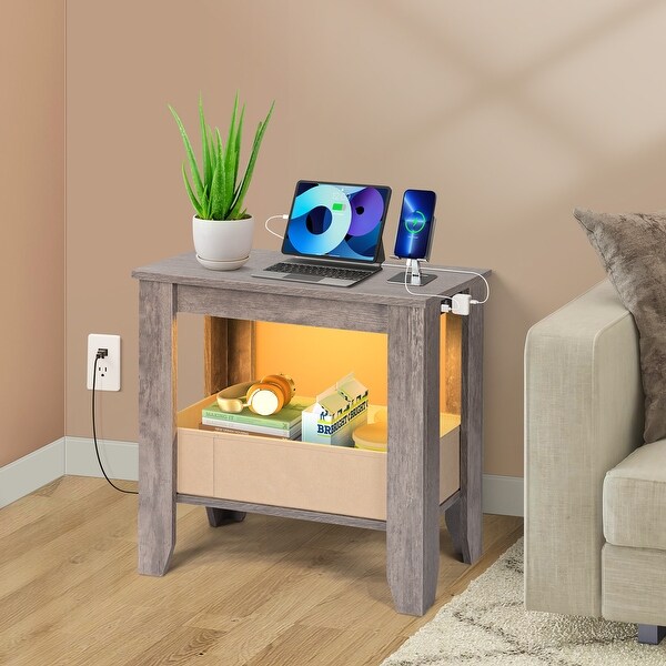 Side Table with LED Light and Charging Station ，USB Ports and Outlets，End Table