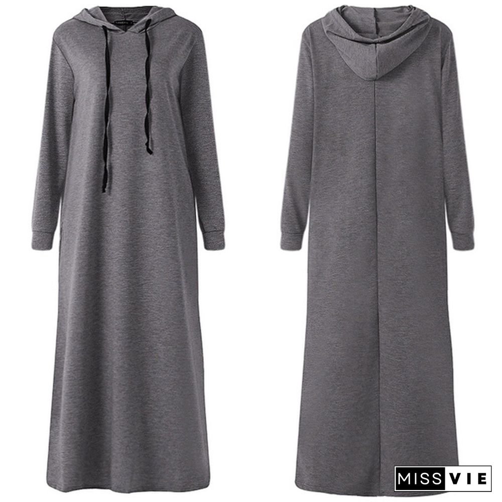 S-5Xl Women Long Hoodie Dress Maxi Long Sleeve Tunic Casual Loose Sweatshirt Dress Party Kaftan Plus Size