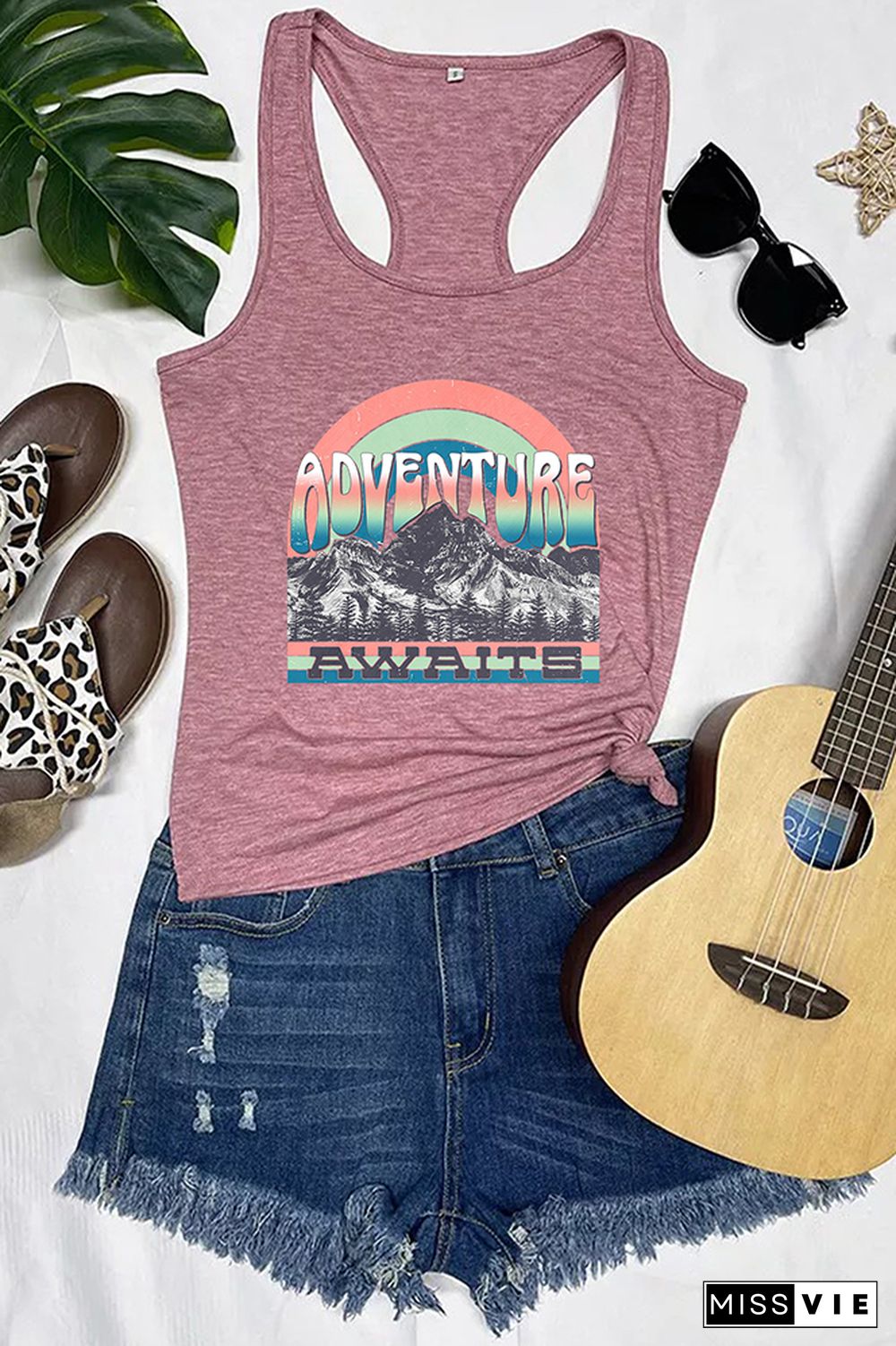 Adventure Awaits Mountains Blue Print Sleeveless Tank Top Wholesale