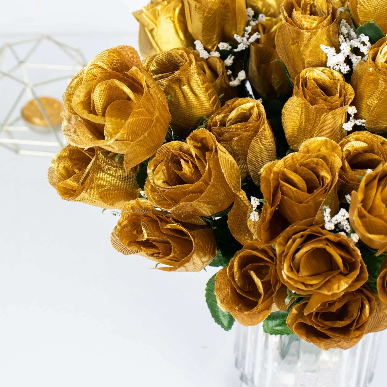 12 Bushes Gold Artificial Premium Silk Flower Rose Bud Bouquets