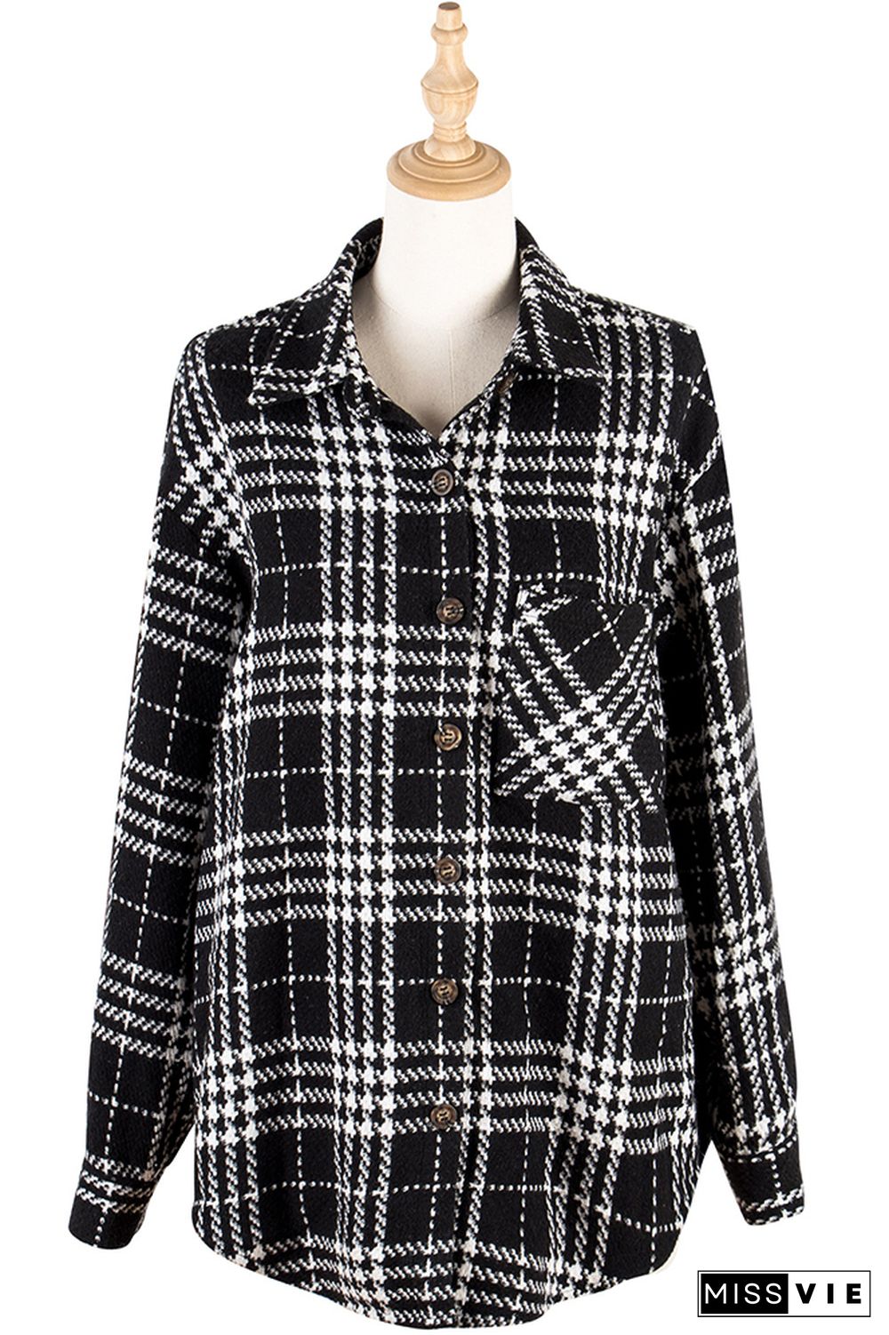 Black Plaid Pockets Button Jackets