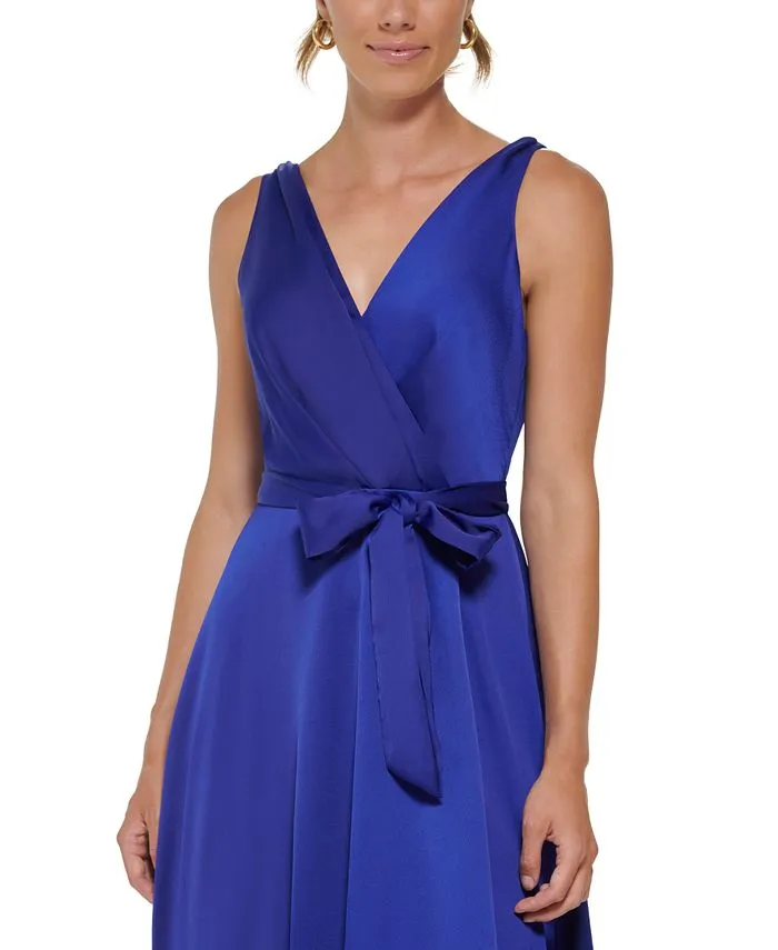 Women's Satin V-Neck Belted Faux-Wrap Gown