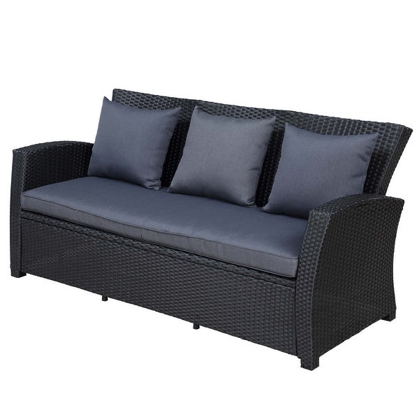 4-Piece Conversation Set Black Wicker Furniture Sofa Set with Dark Grey Cushions -  - 36005383