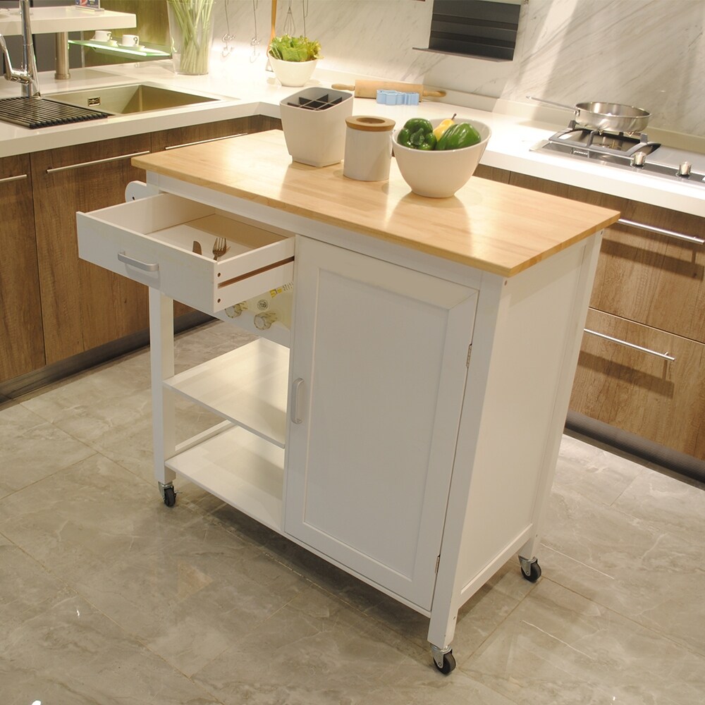 2 tier Open White Shelves Kitchen Island Cart  Movable Kitchen Shelf