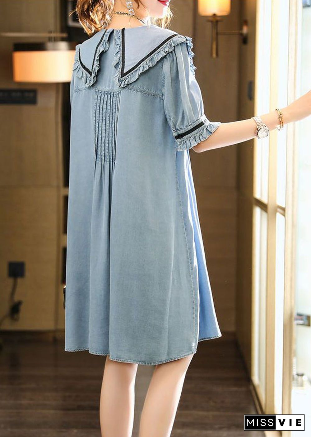 Cute Light Blue Peter Pan Collar Wrinkled Cotton Denim Dress Summer