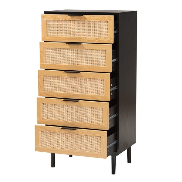 Maureen Mid-Century Modern Espresso Brown Wood and Rattan 5-Drawer Storage Cabinet - - 36118438