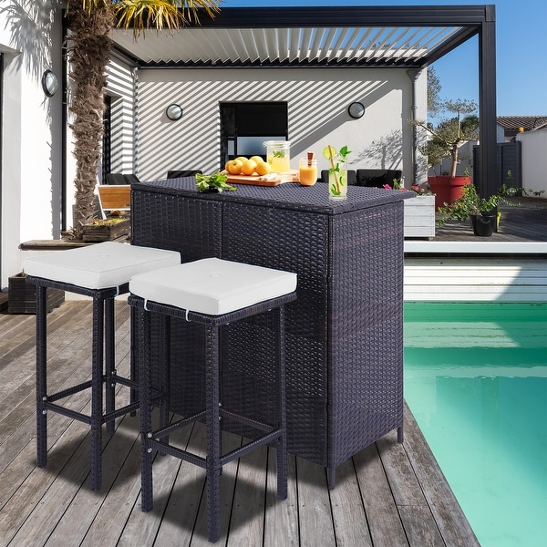 3 Piece Patio Bar Set，Outdoor Bar Table and Chairs Set for 2，Tiki Wicker Bar Table Set with Stools and Removable Cushions