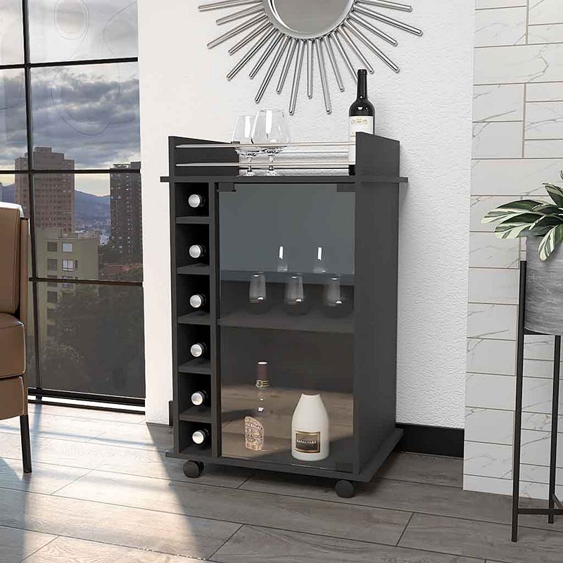 Vegas Bar Cart， Two Tier Cabinet With Glass Door， Six Cubbies For Liquor