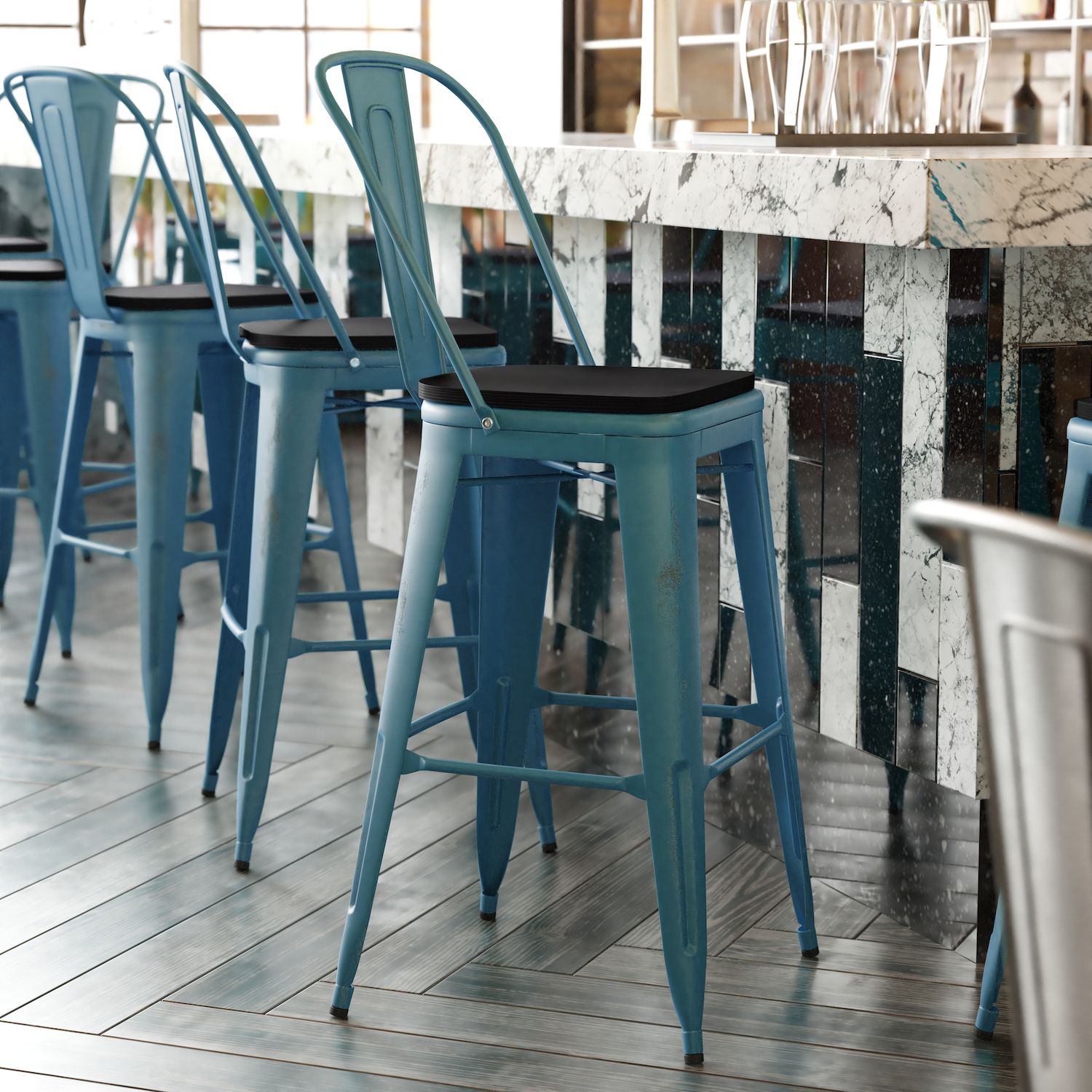 Emma and Oliver Nova Distressed Metal Stools with Backs and Polystyrene Seats for Indoor/Outdoor Use