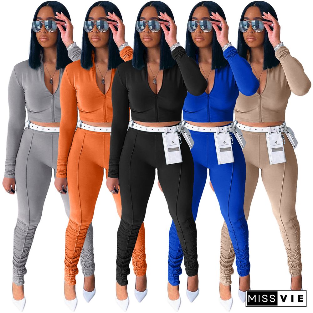 Long Sleeve Zip Crop Top Slim Pleated Pants Set