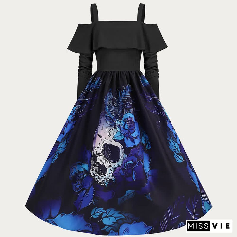 Halloween Printed Off The Shoulder Long Sleeve Dress