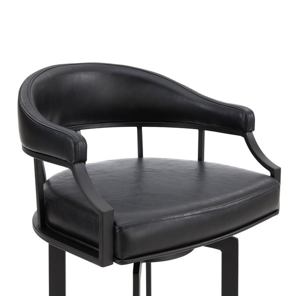 Pharaoh Swivel Black Powder Coated and Black Faux Leather Metal Bar Stool