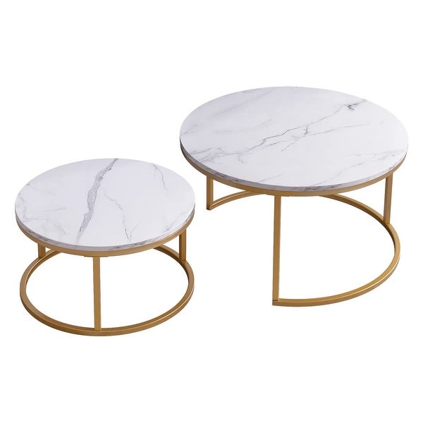 Modern Nesting Coffee Table Set of 2， Round Marble Coffee Table MDF Faux Marble Wood - as picture