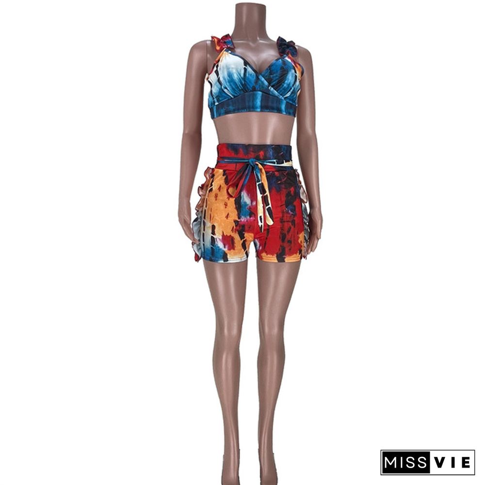 Women Tie-dye Print Sleeveless Crop Top Shorts Two Piece Outfits