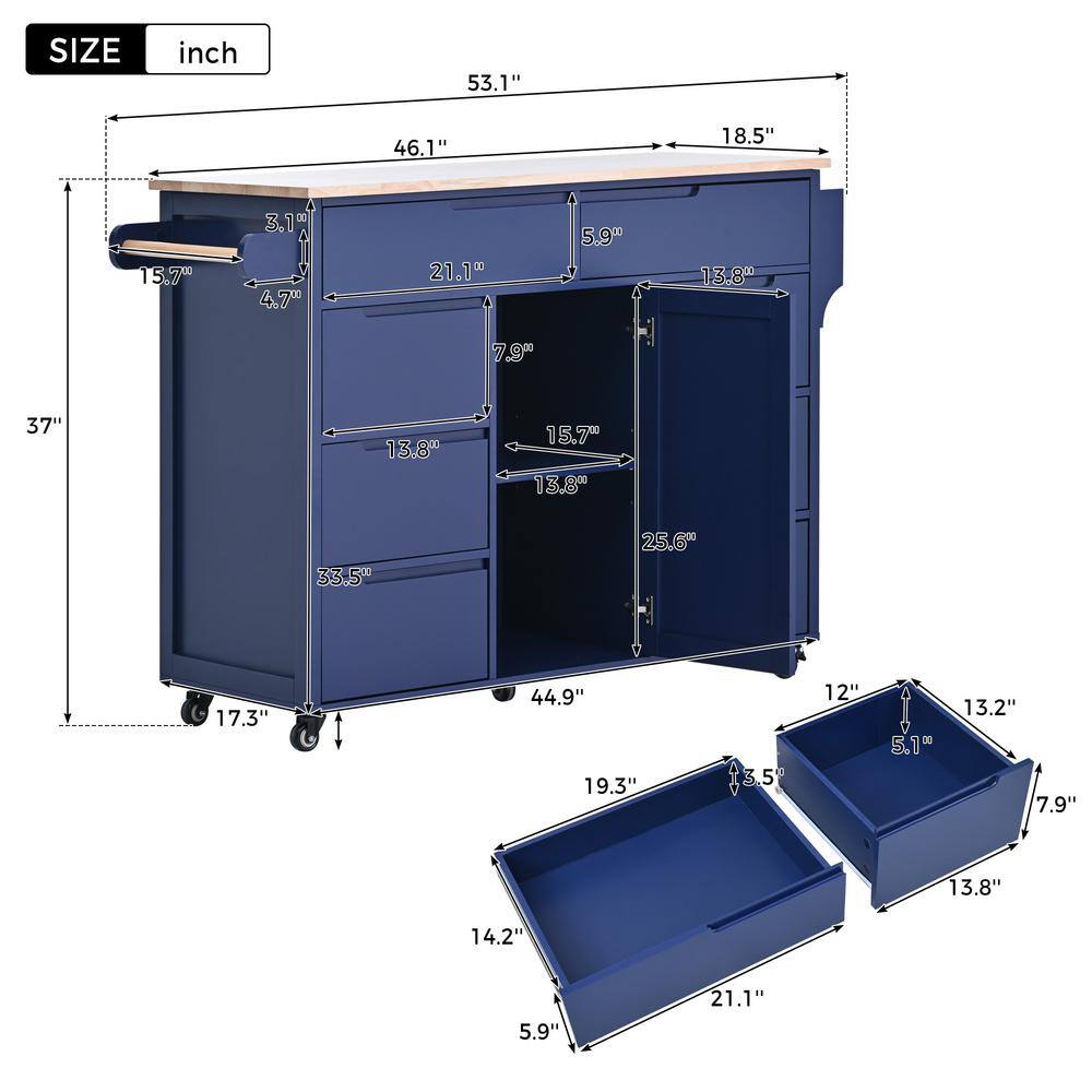 Siavonce Blue Rubber Wood 18.50 in. W Kitchen Island Cart with 8 Handle-Free Drawers Including a Flatware Organizer and 5 Wheels DJ-ZX-SK000002AAG