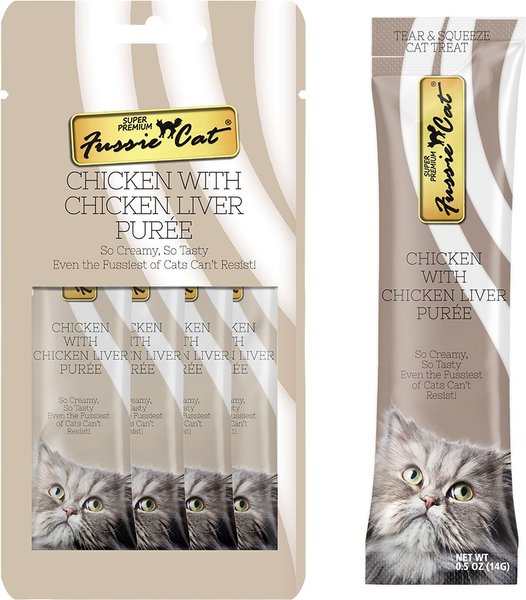 Fussie Cat Chicken and Liver Puree Lickable Cat Treats， 2-oz pouch