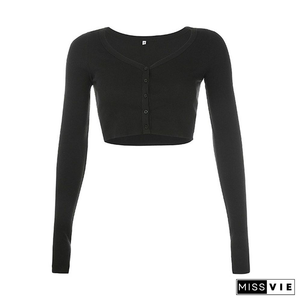 Women Spring Fashion Sexy Slim Knitted V-neck Crop Tops Cardigan Ladies Long Sleeve T-shirt Sweater