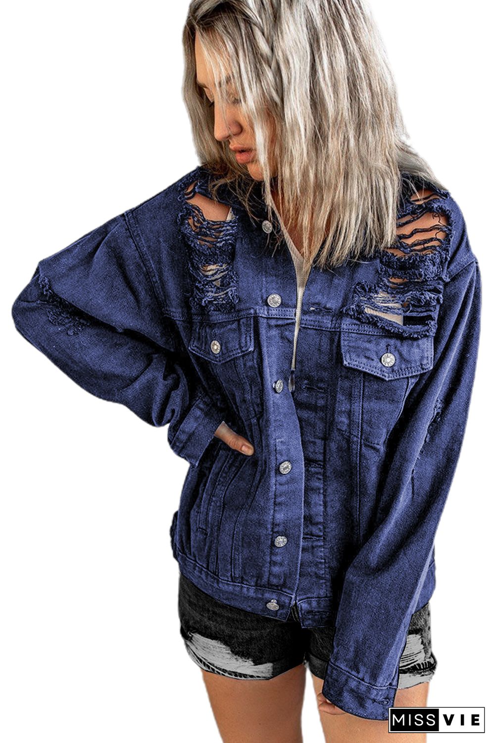 Blue Distressed Buttons Chest Pockets Denim Jacket