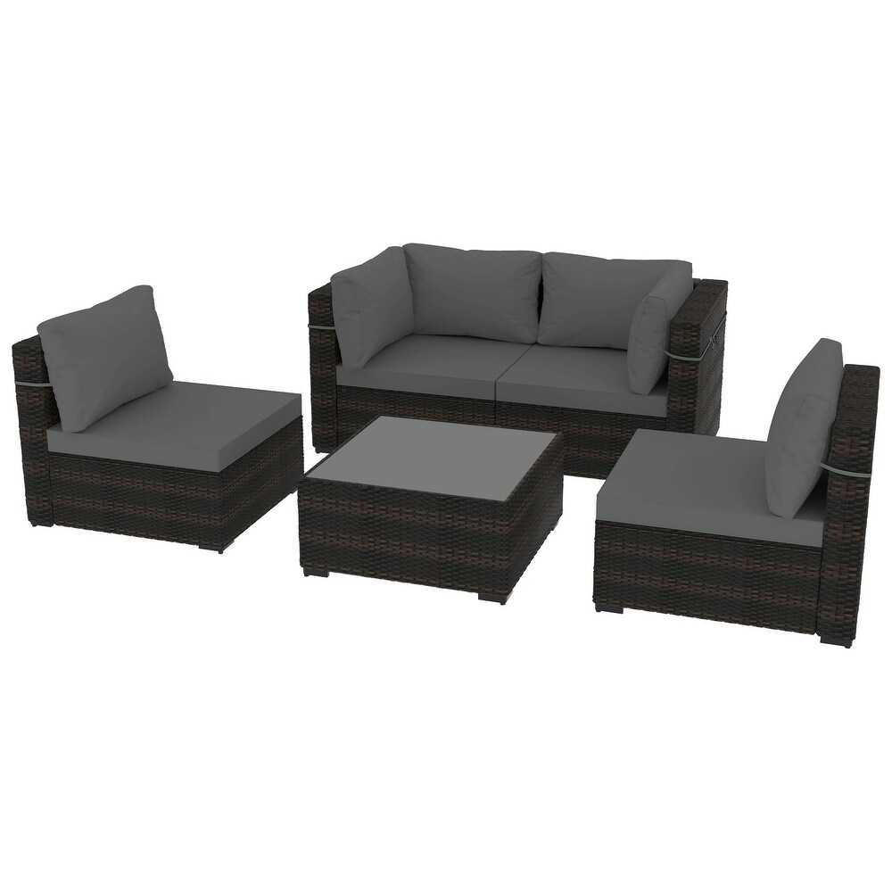 UPHA 5 piece Cushioned Wicker Patio Conversation Seating Set with Coffee Table