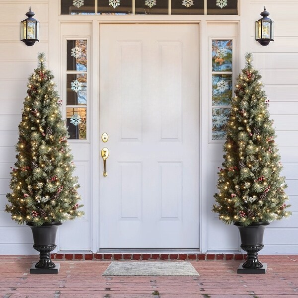 Glitzhome 4ft/5ft/6ft Flocked Pine Christmas Potted Porch Tree With Warm White Lights