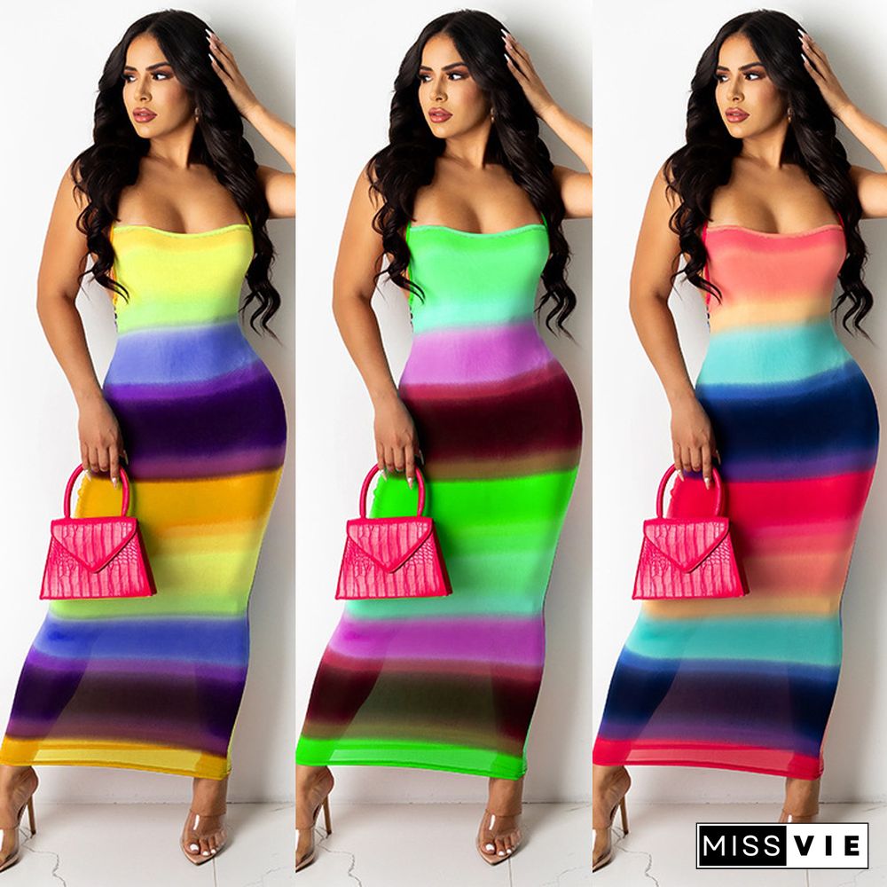 Summer Women Strapless Contrast Color Gradient Striped Printed Backless Bodycon Long Dresses