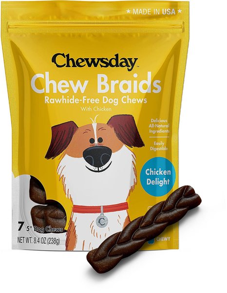 Chewsday Chicken Delight Chew Braids Rawhide-Free Dog Hard Chews， 7 count， Small