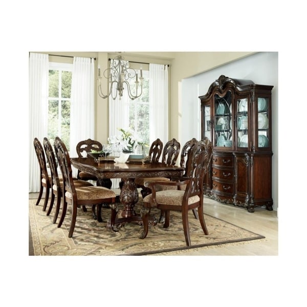 Wood-Fabric Arm Chair with Deep Engraved Design， Brown and Beige (Set of 2)