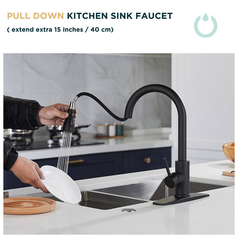 FORIOUS Single-Handle Kitchen Faucet with Pull Down Sprayer High-Arc Kitchen Sink Faucet with Deck Plate in Matte Black HH0023CB