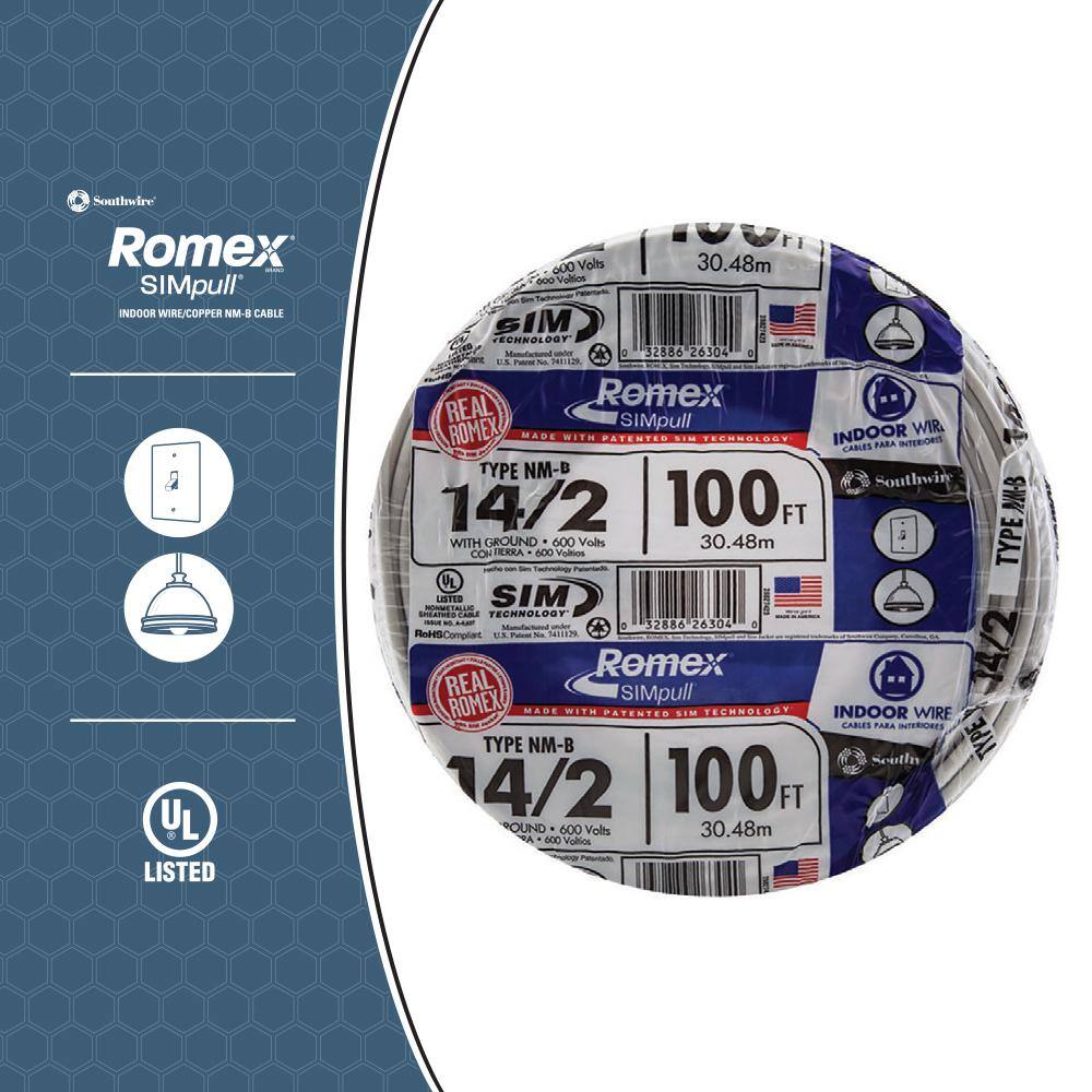 Southwire 100 ft. 142 Solid Romex SIMpull CU NM-B WG Wire 28827428