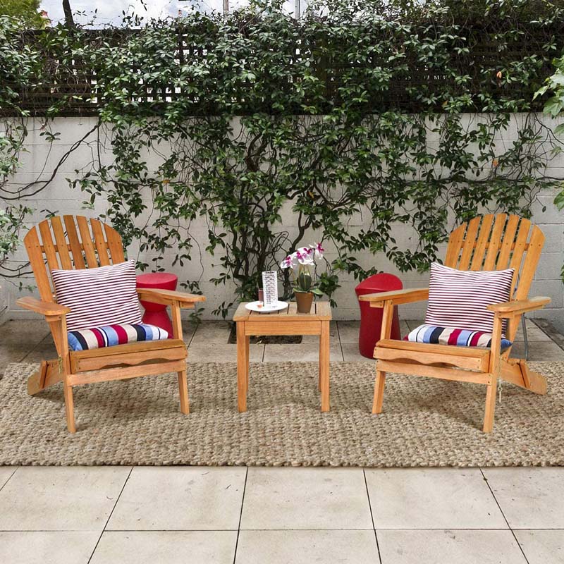 3 Pcs Slatted Design Wooden Adirondack Chair Set with Side Table & 2 Folding Lounger Chairs