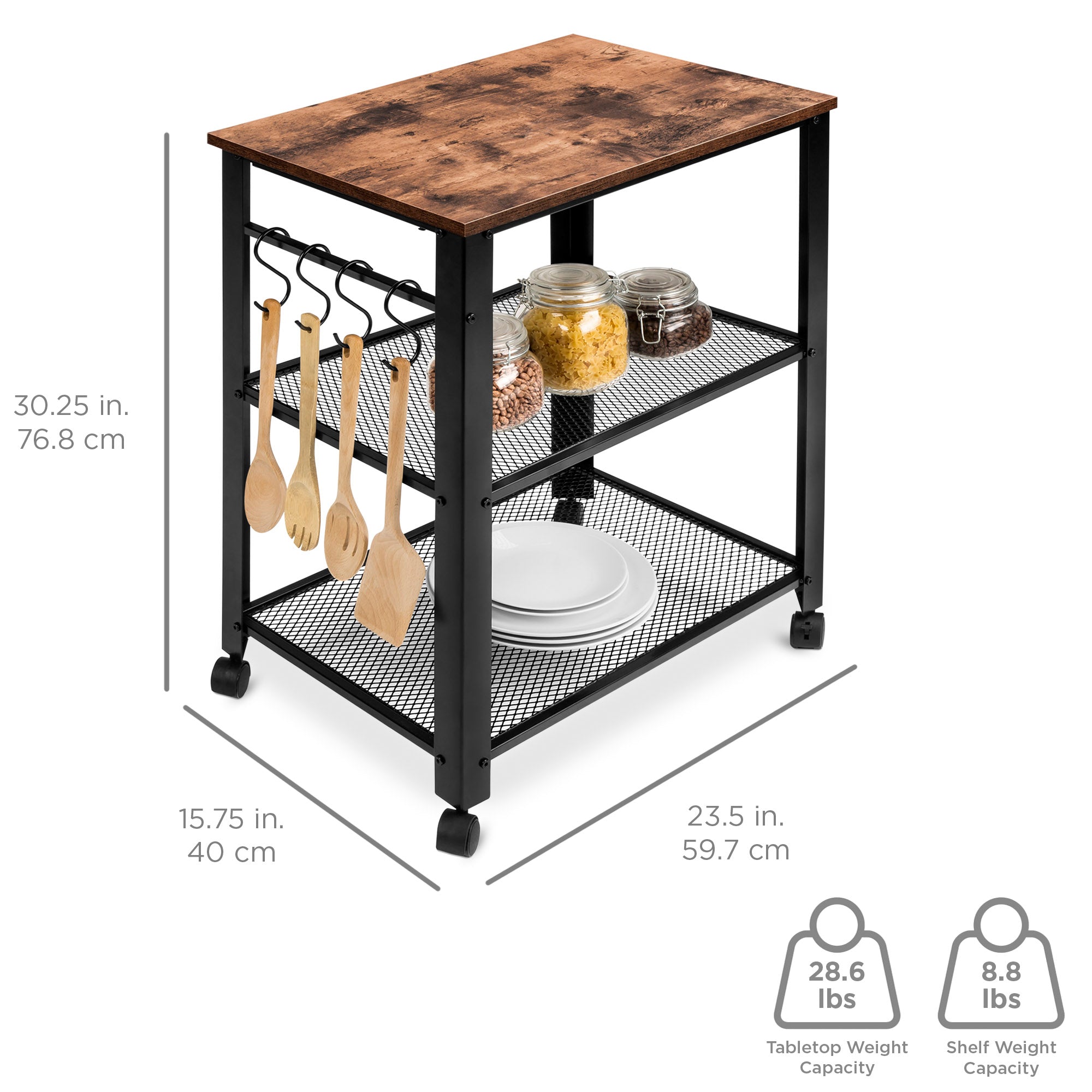 Best Choice Products 3-Tier Microwave Cart Rolling Utility Serving Cart Organizer w/ 2 Storage Shelves， 4 Hooks