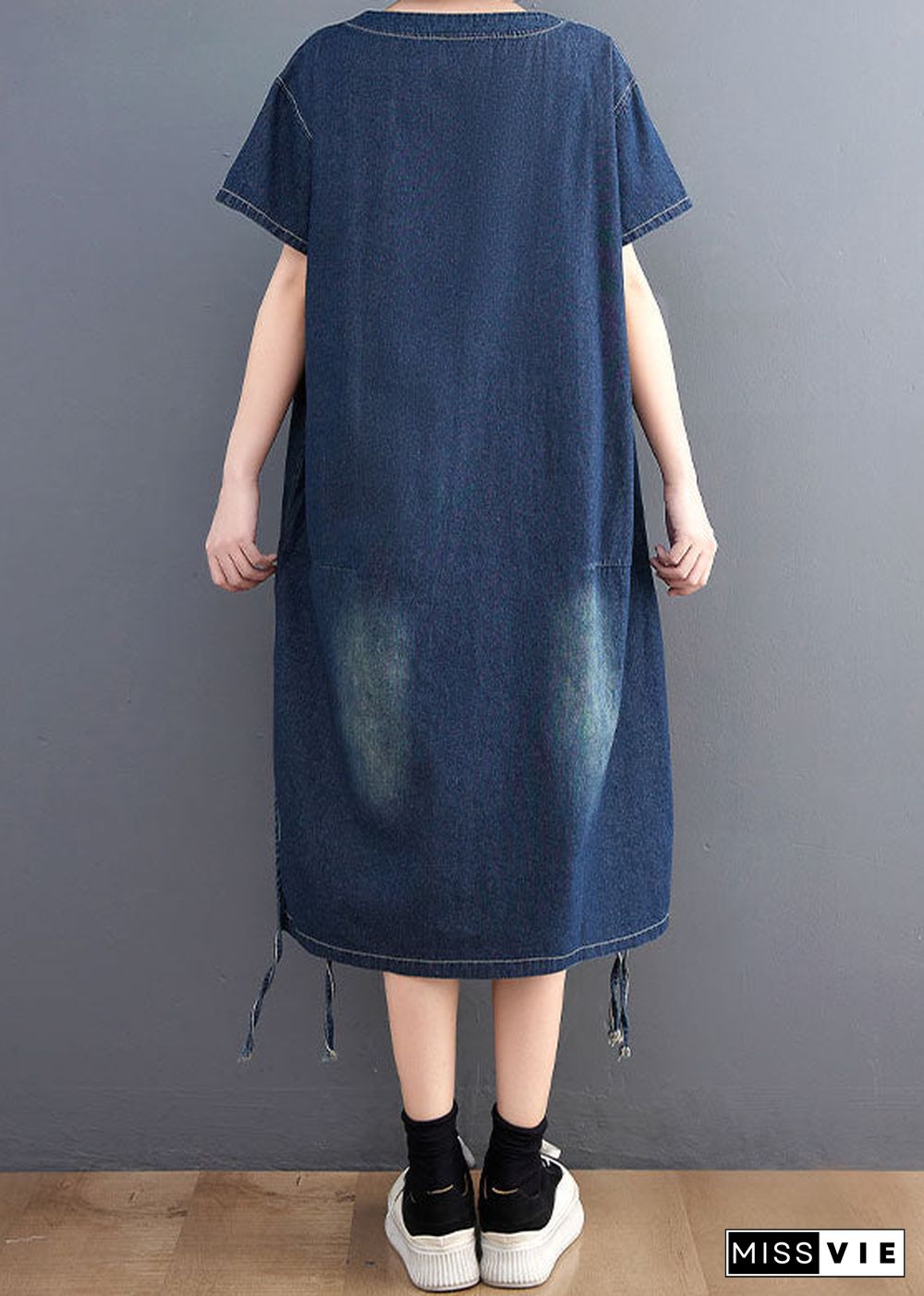 Simple Blue V Neck Patchwork Side Open Denim Dress Summer