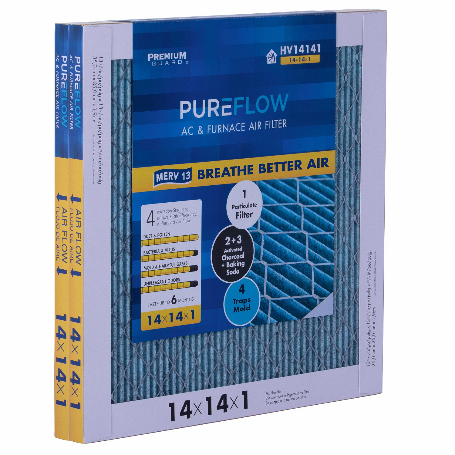 PureFlow， Home Furnace Air Filter 14x14x1， with 4 Layers of Advanced Filtration Technology， MERV-13 Pack-of-2