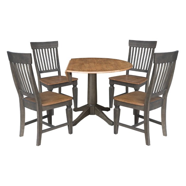 Round Dual Drop Leaf Dining Table With 4 Slat Back Chairs Hickory washed Coal International Concepts