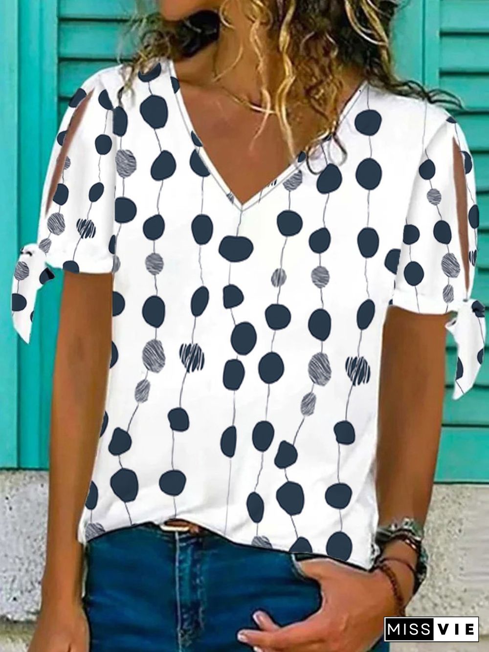 Casual Polka Dots V Neck Loosen T-Shirt