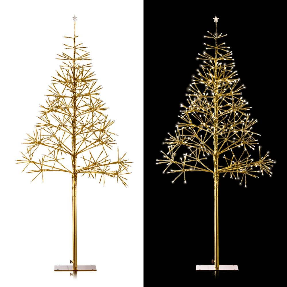 Alpine Corporation 53/61 in. Tall Indoor/Outdoor Artificial Christmas Tree with Warm White LED Lights, Gold CRD111S-GD