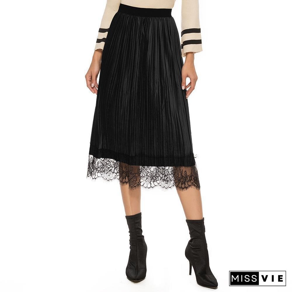 Fashion Pleated Lace Joint Velvet Skirt